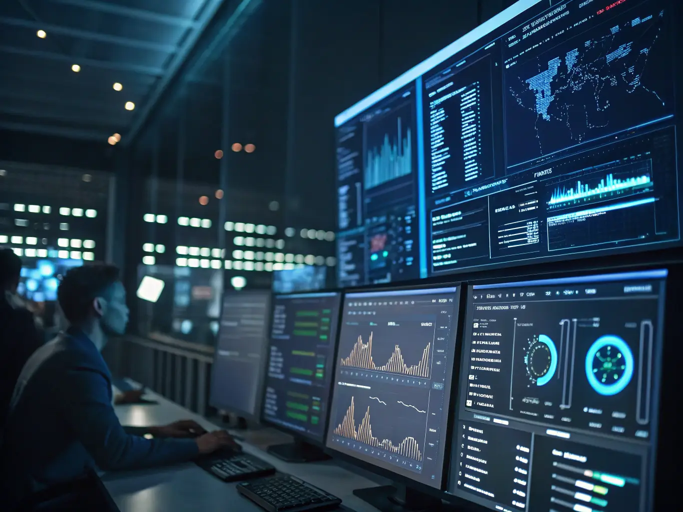 A network security operations center (SOC) dashboard displaying real-time threat detection and incident response metrics, showcasing Deep Technologies Inc.'s managed security services.