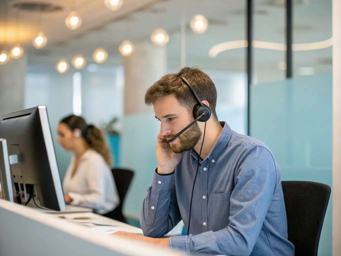 A technician providing remote support via a secure connection, assisting a client with a cybersecurity issue. The scene is professional and reassuring.