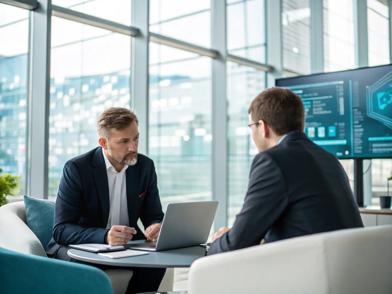 A consultant working with a client on cybersecurity strategy, emphasizing Deep Technologies Inc.'s virtual CISO support.